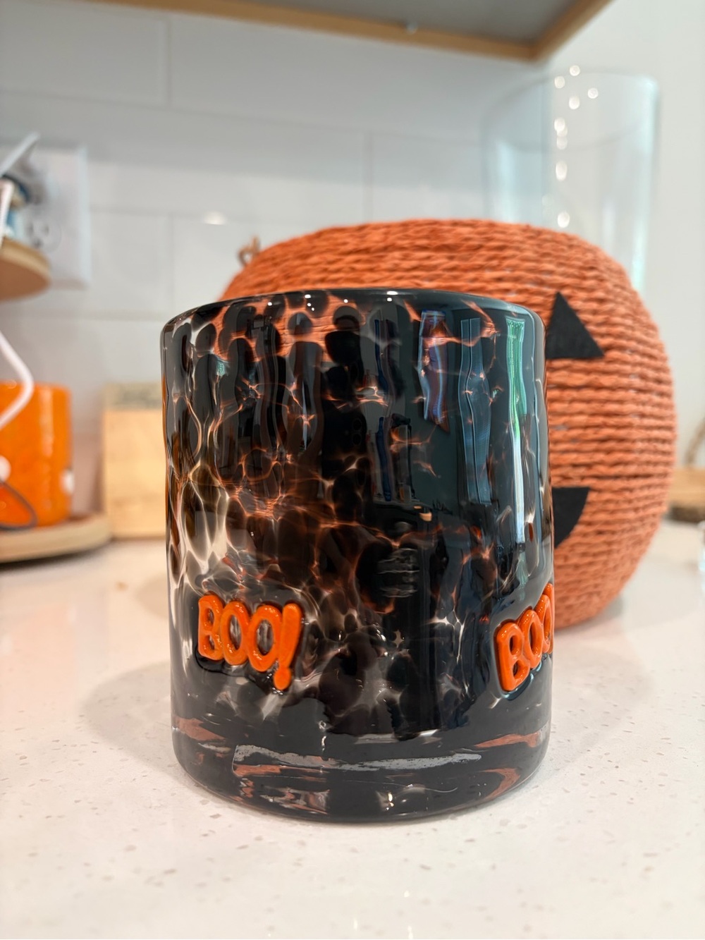 Halloween 'BOO' Black and Orange Glass Candle Holder